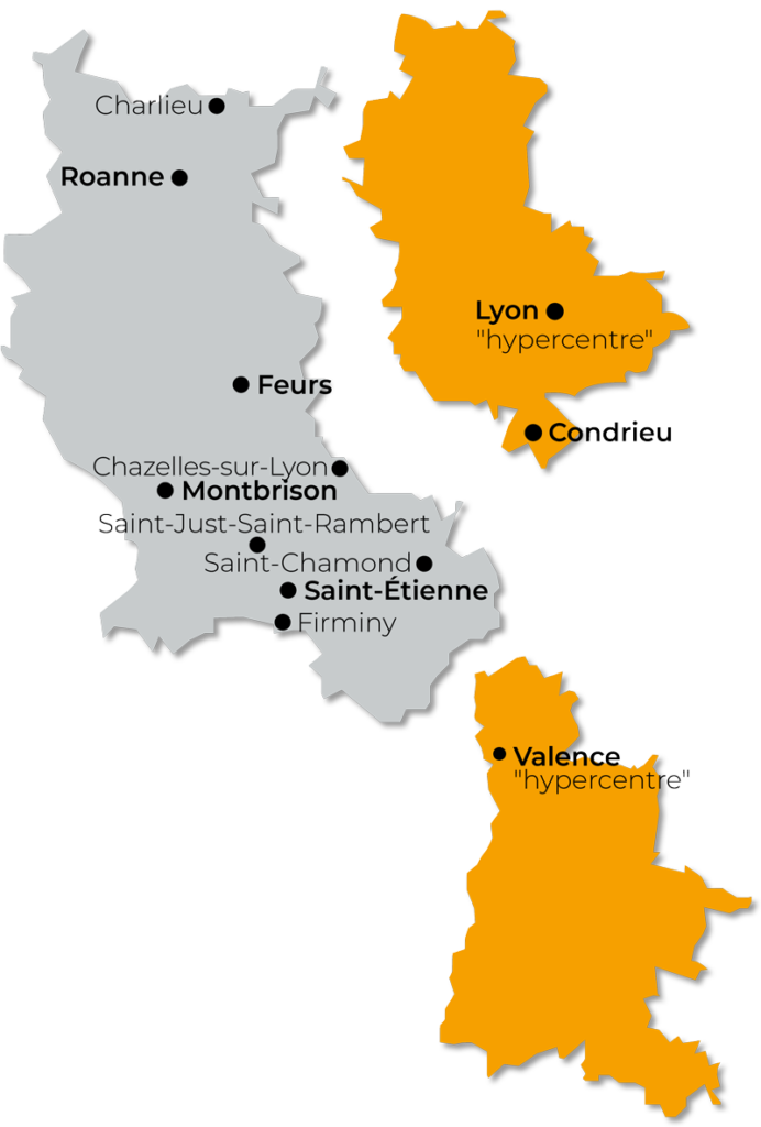 Les villes de distribution du magazine dans la Loire, le Rhône et la Drôme